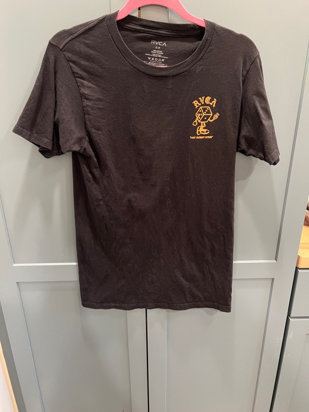 RVCA Black Tee with Yellow Dice Graphic